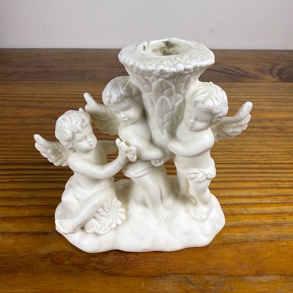 Vintage Cherub Trio Candle Holder | White Bisque Porcelain Angel Figurine - Picture 13 of 13